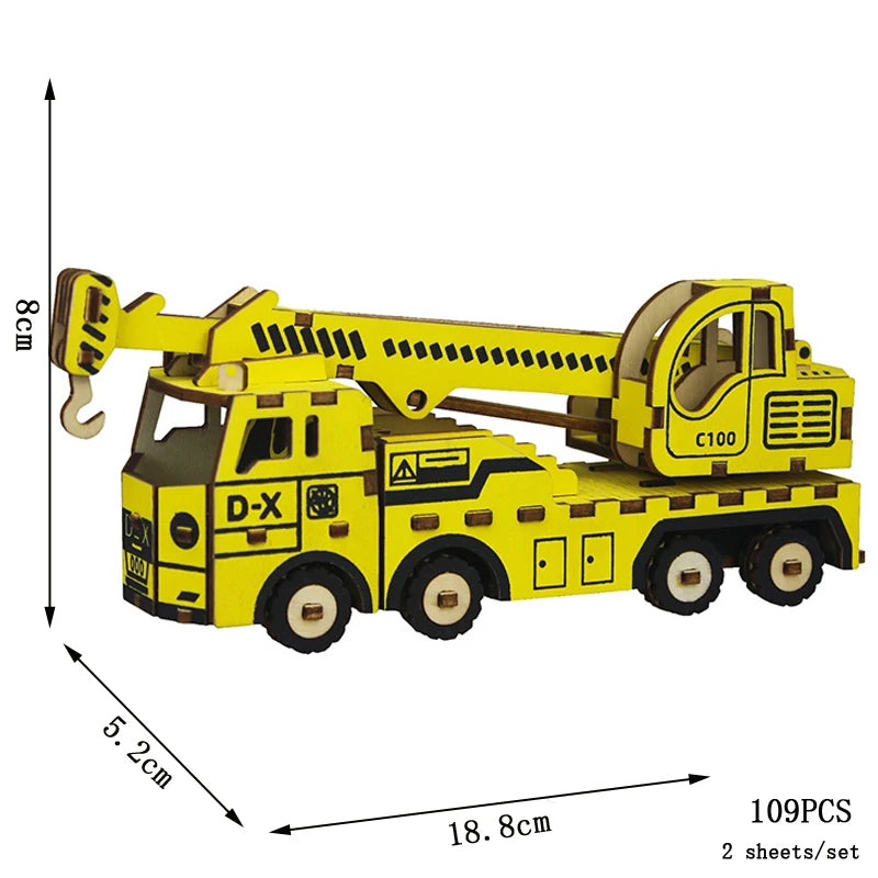 Wood 3D puzzle model of a yellow crane truck, detailed body and wheels, 109 pieces