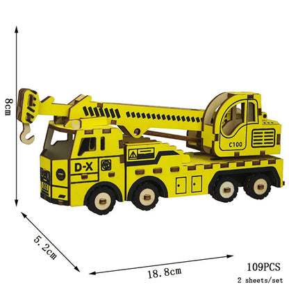 Wood 3D puzzle model of a yellow crane truck, detailed body and wheels, 109 pieces