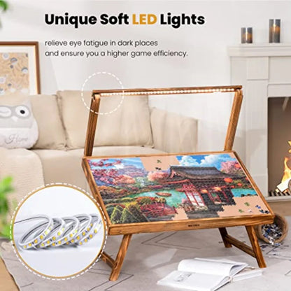 LED jigsaw puzzle table with glowing light bar and wide puzzle-ready tabletop