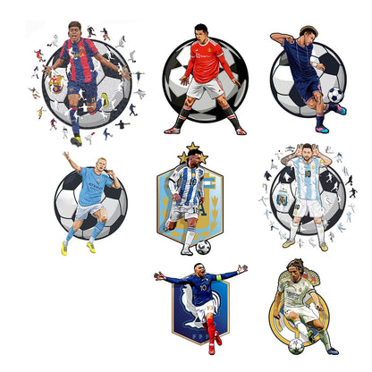 Football stars jigsaw puzzle collage with multiple soccer players in circular scenes