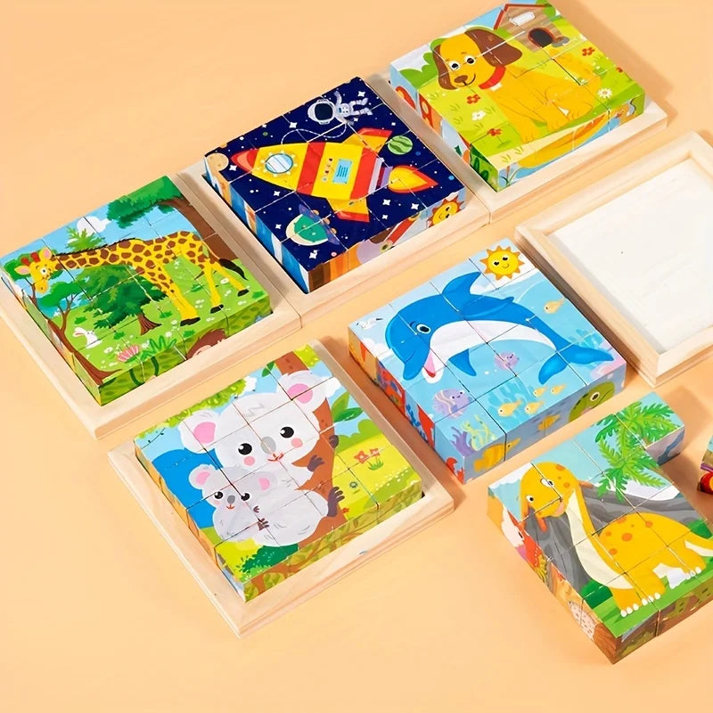 Wooden cube animal puzzle with multiple animal jigsaw tiles in wooden picture frames
