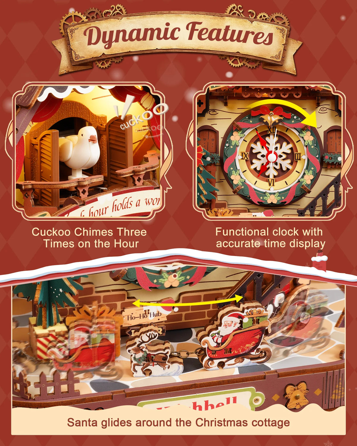 Christmas wooden cuckoo clock details show the cuckoo bird, clock face and moving Santa sleigh