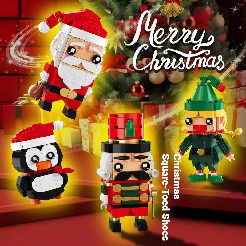 Christmas character building set with Santa, penguin, nutcracker, and elf block figures