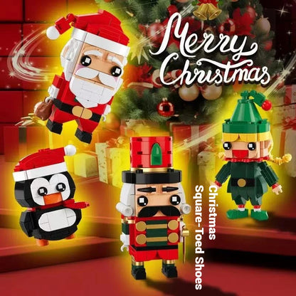 Christmas character building set with Santa, penguin, nutcracker, and elf block figures