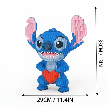 Blue angel building-block figure with pink wing tips and a red heart chest