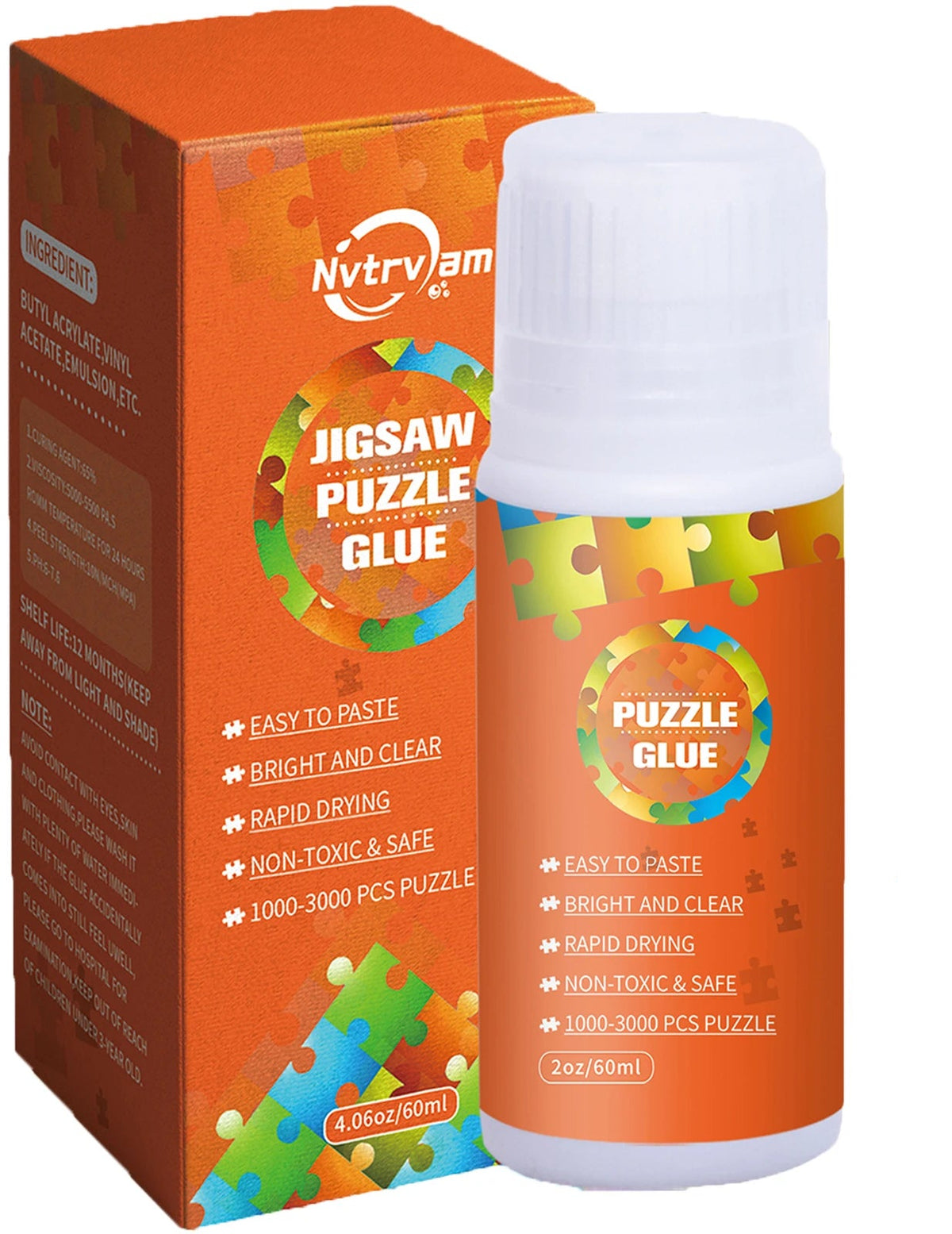 Jigsaw puzzle glue with packaging and a close-up of the product on a white background