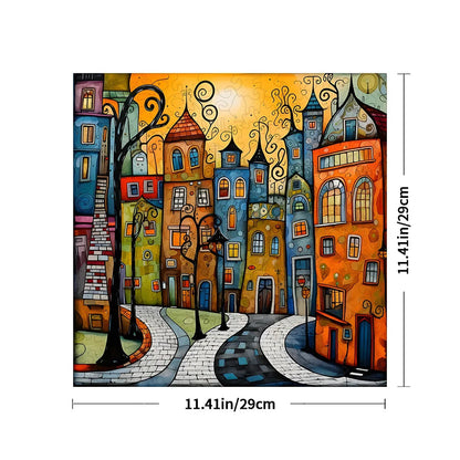 Colorful street scene painting with dimensions indicated