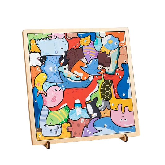 A colorful children's animal puzzle board with a light wood frame and stand, displayed on a wooden table in a softly lit room.