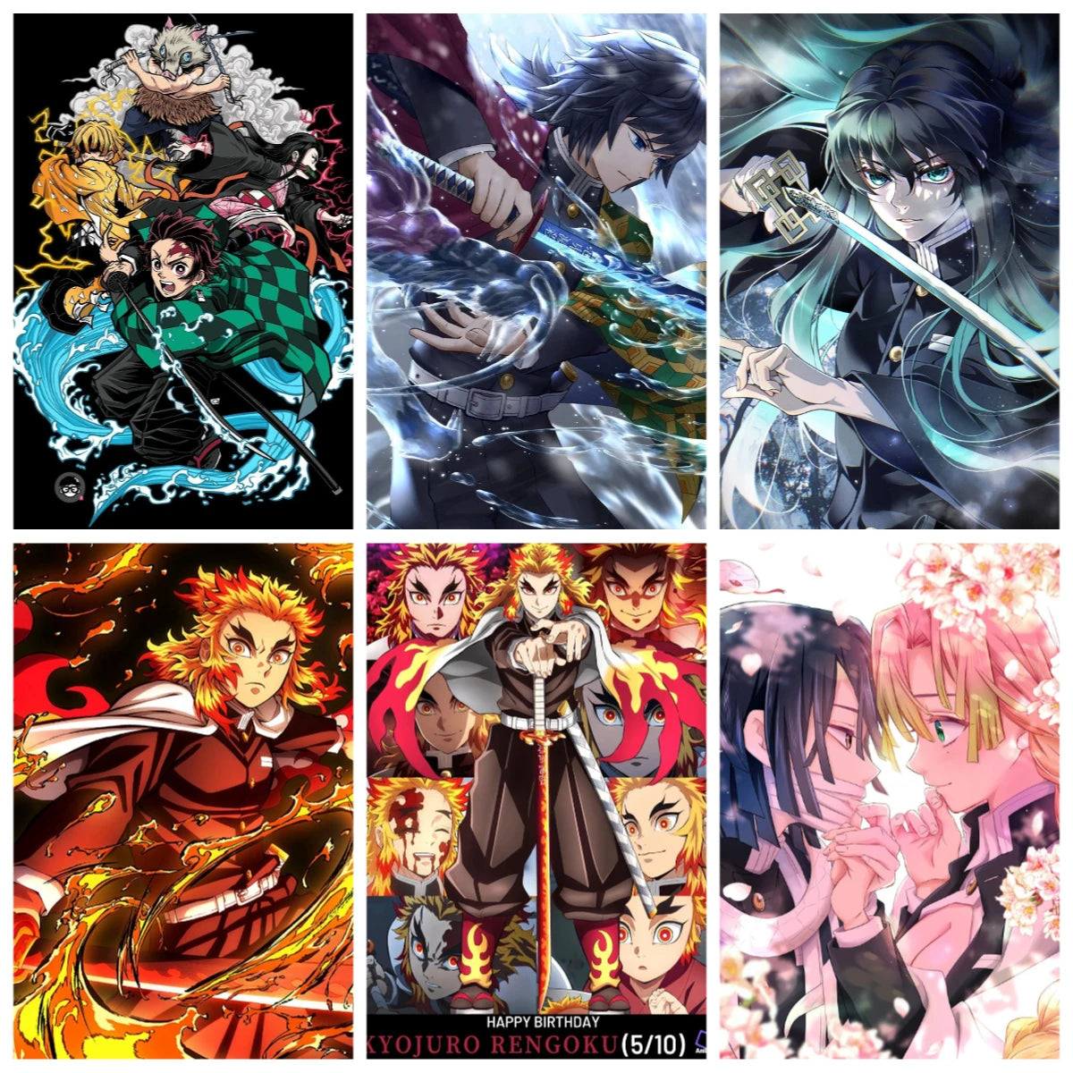 A 2x3 collage of six anime-style birthday posters featuring characters from Demon Slayer. The posters include Tanjiro Kamado, Nezuko Kamado, Zenitsu Agatsuma, Inosuke Hashibira, Yojiro Rengoku, and a pink cherry blossom-themed character illustration.