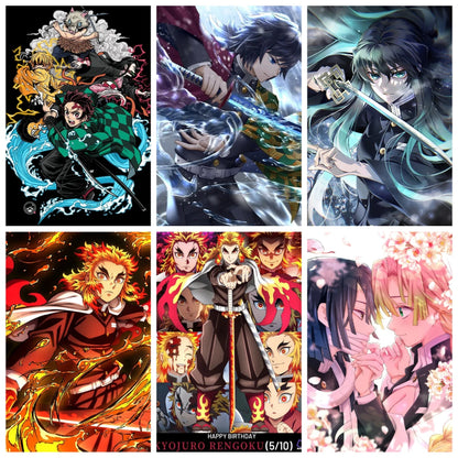 A 2x3 collage of six anime-style birthday posters featuring characters from Demon Slayer. The posters include Tanjiro Kamado, Nezuko Kamado, Zenitsu Agatsuma, Inosuke Hashibira, Yojiro Rengoku, and a pink cherry blossom-themed character illustration.