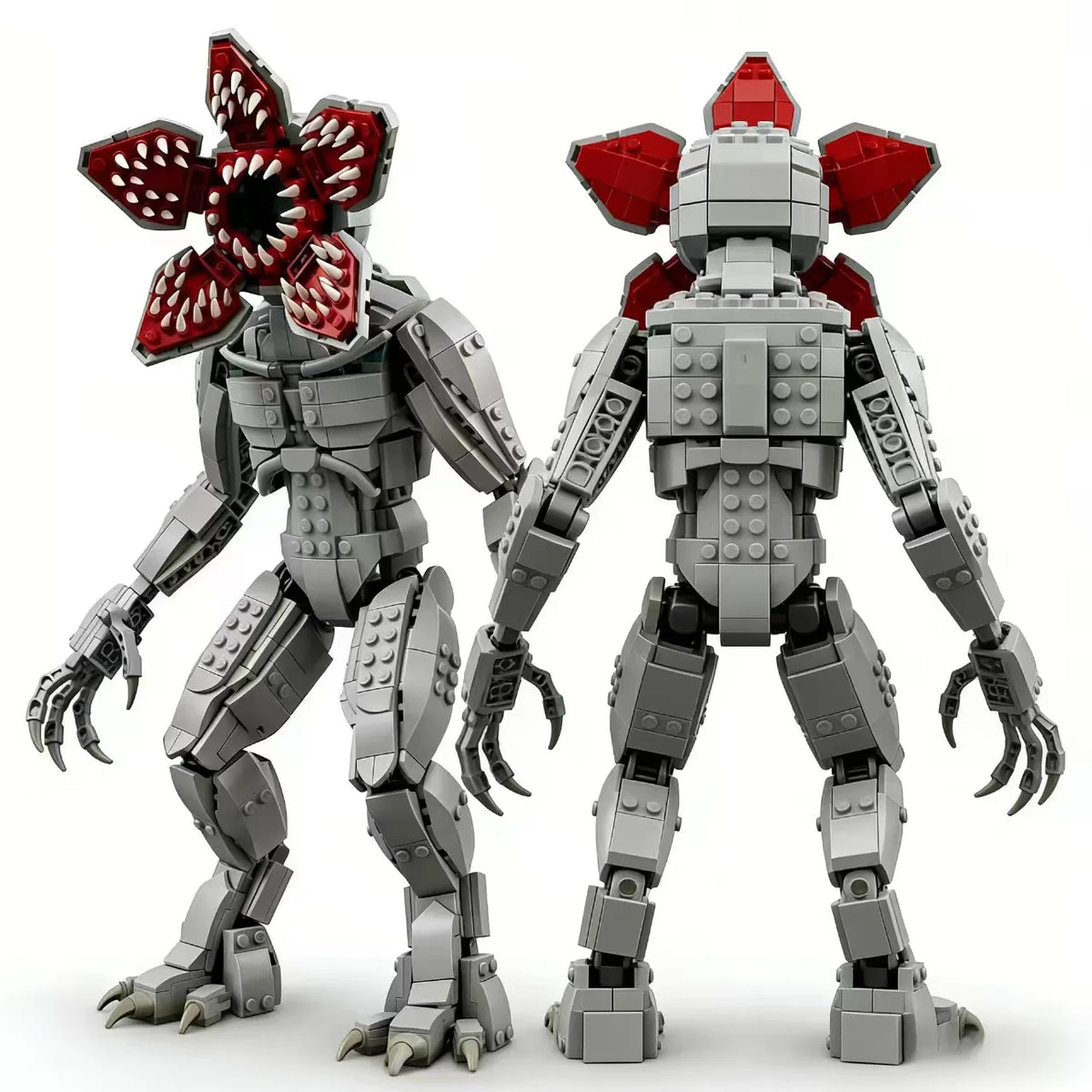 Brick-built monster robot action figure in gray armor with red weapon pods