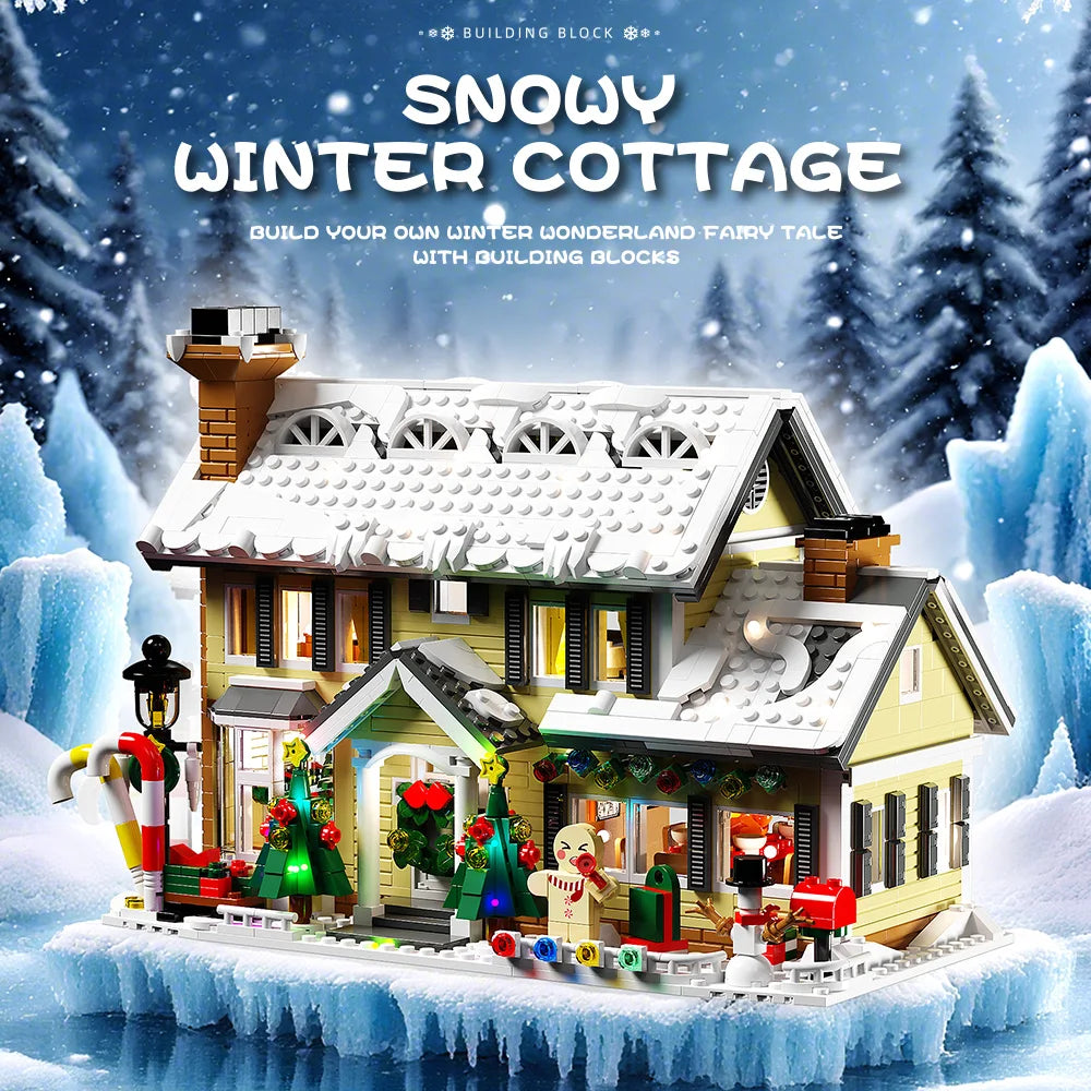 Snowy winter cottage building block house with snow-covered roof and decorated front