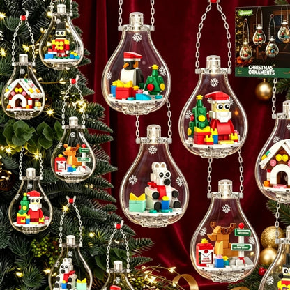 Christmas building ornament set displayed in clear hanging bulbs with brick scenes