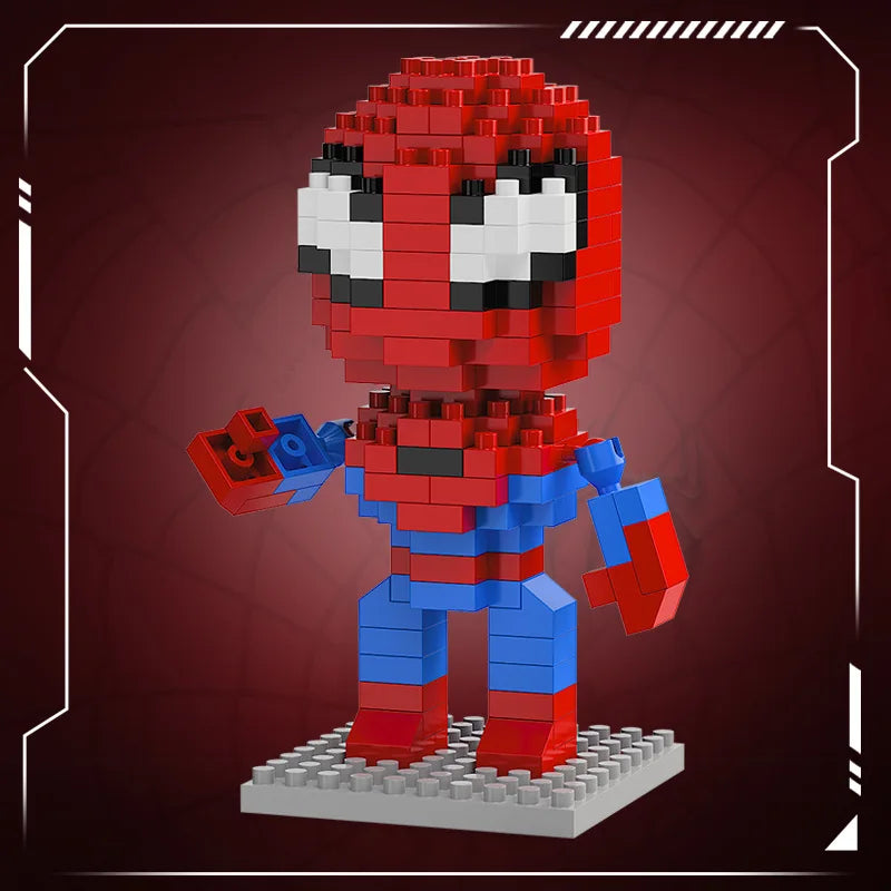 Mini brick hero figure in red, black, and blue with gray base, holding a blue brick accessory
