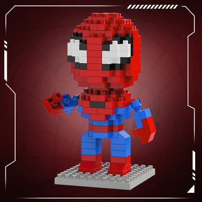 Mini brick hero figure in red, black, and blue with gray base, holding a blue brick accessory