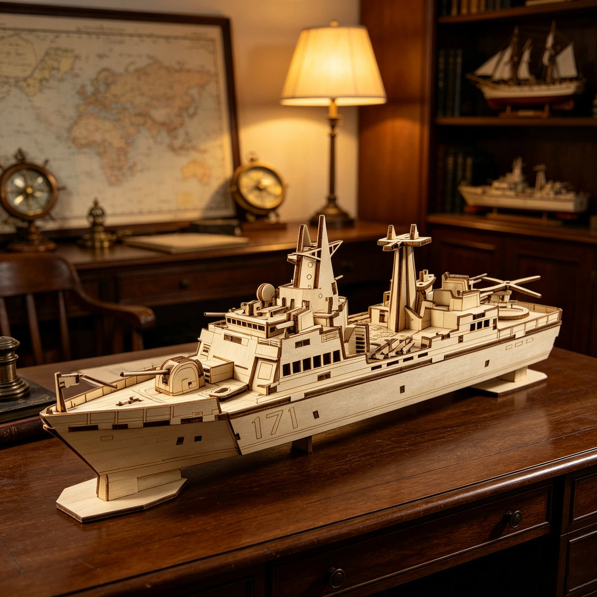 White wooden destroyer warship model kit with two smokestacks and radar mast, side view