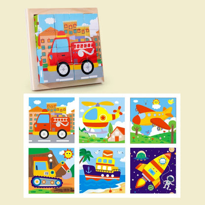 Wooden cube puzzle set with vehicle tile and six framed transport-themed puzzle pieces