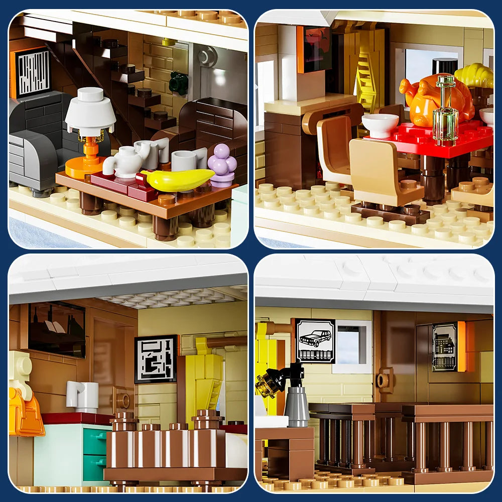 Winter cottage building block interior close-ups with table, counters, and decor