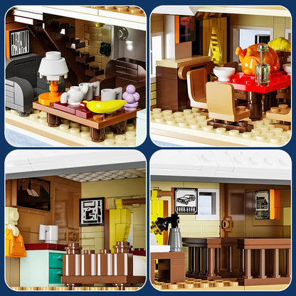 Winter cottage building block interior close-ups with table, counters, and decor
