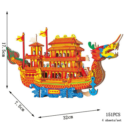 Colorful dragon boat 3D wood puzzle with raised flags and ornate decorations