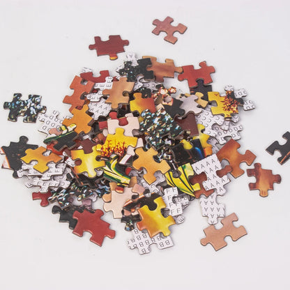 Loose jigsaw puzzle pieces printed with sections of the sunset kayak scene