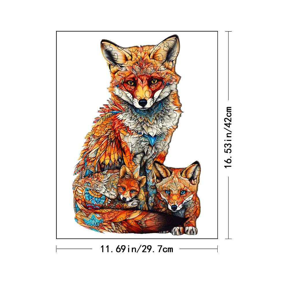 Colorful fox illustration with measurements on a white background