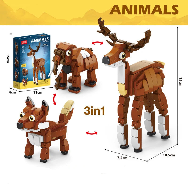 3-in-1 animal building block set with brown moose, elephant and deer models