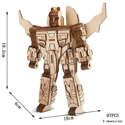 Wooden 3D puzzle robot with panel details and large arms, 97 pieces