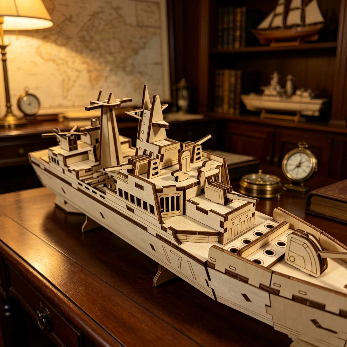 White wooden destroyer warship 3D puzzle model kit, side view with raised deck structures