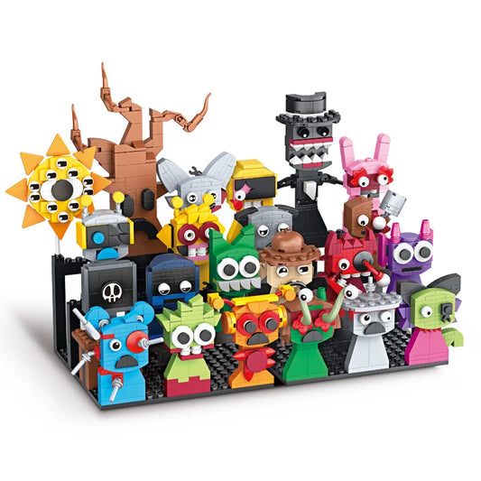 Brick character building set with mixed robot and animal minifigures
