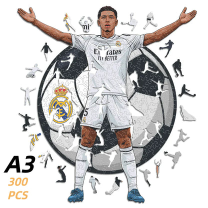 A3 300-piece wooden football jigsaw puzzle set with white kit player and box