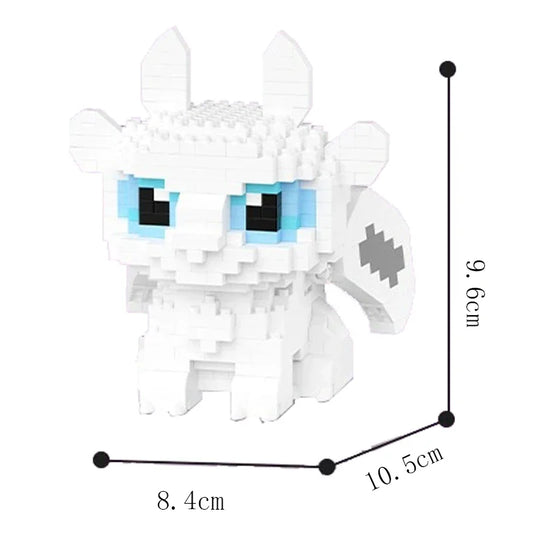 White brick-built Light Fury dragon with blue eyes and wing-like ear details