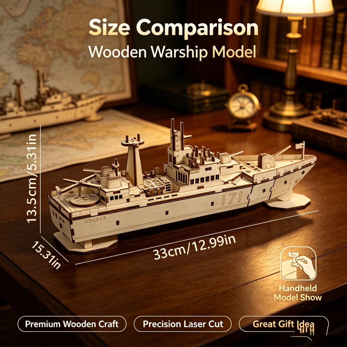 White wooden warship model kit with stacked decks and radar towers, placed on tabletop