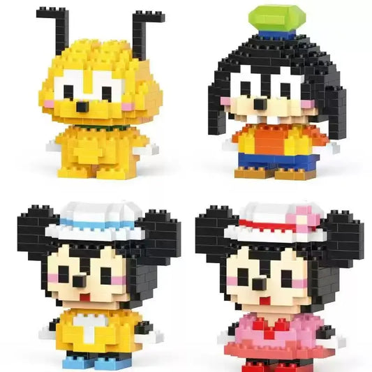 Cartoon mini brick character set with four figures in yellow, black, and blue