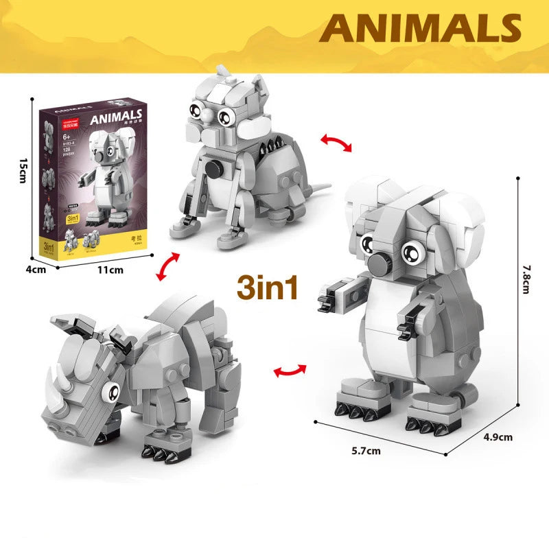 3-in-1 animal building block set with gray rhino, elephant and hippo models