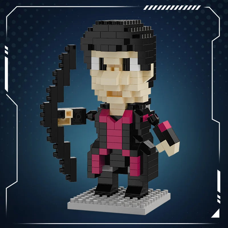 Black and magenta mini brick hero figure holding a black handle weapon on gray studded base