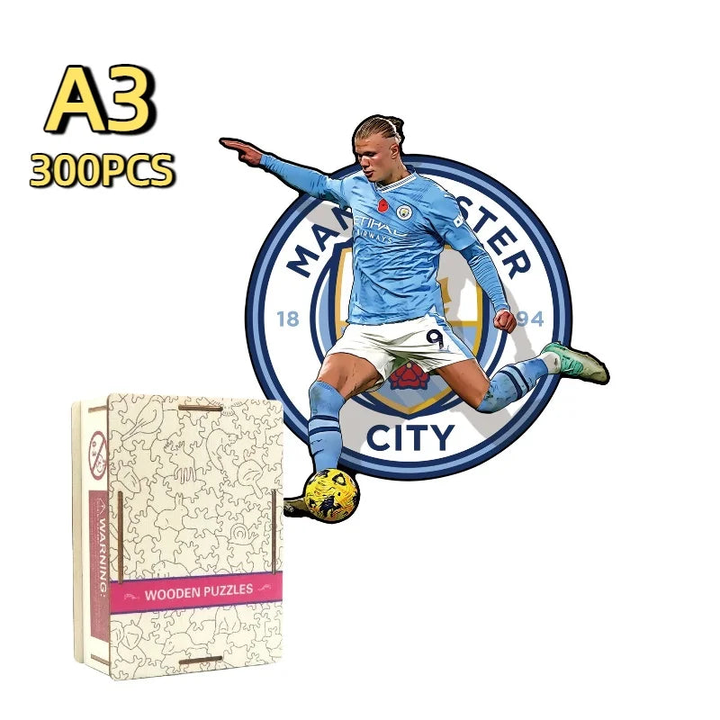 Wooden 300-piece football puzzle featuring light-blue player artwork and box