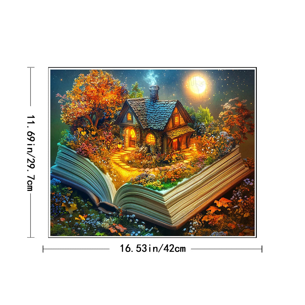 Illustration of a glowing house in a garden scene on an open book with dimensions displayed.
