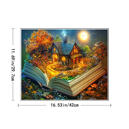 Illustration of a glowing house in a garden scene on an open book with dimensions displayed.
