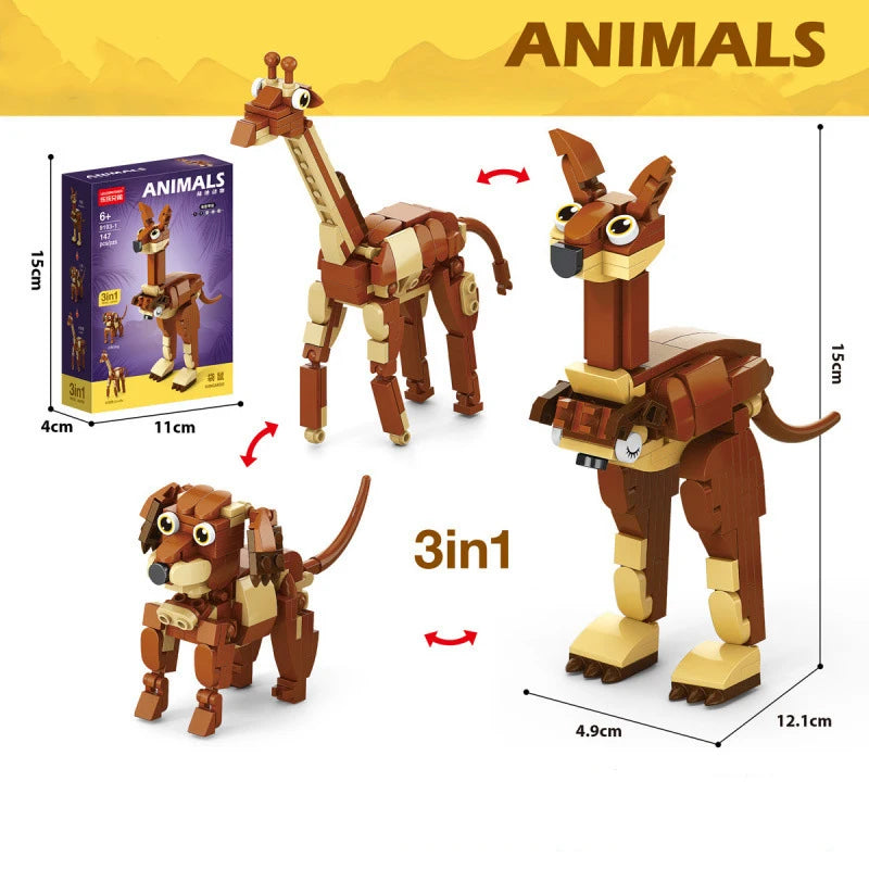 3-in-1 animal building block set with brown giraffe, kangaroo and small mammal models