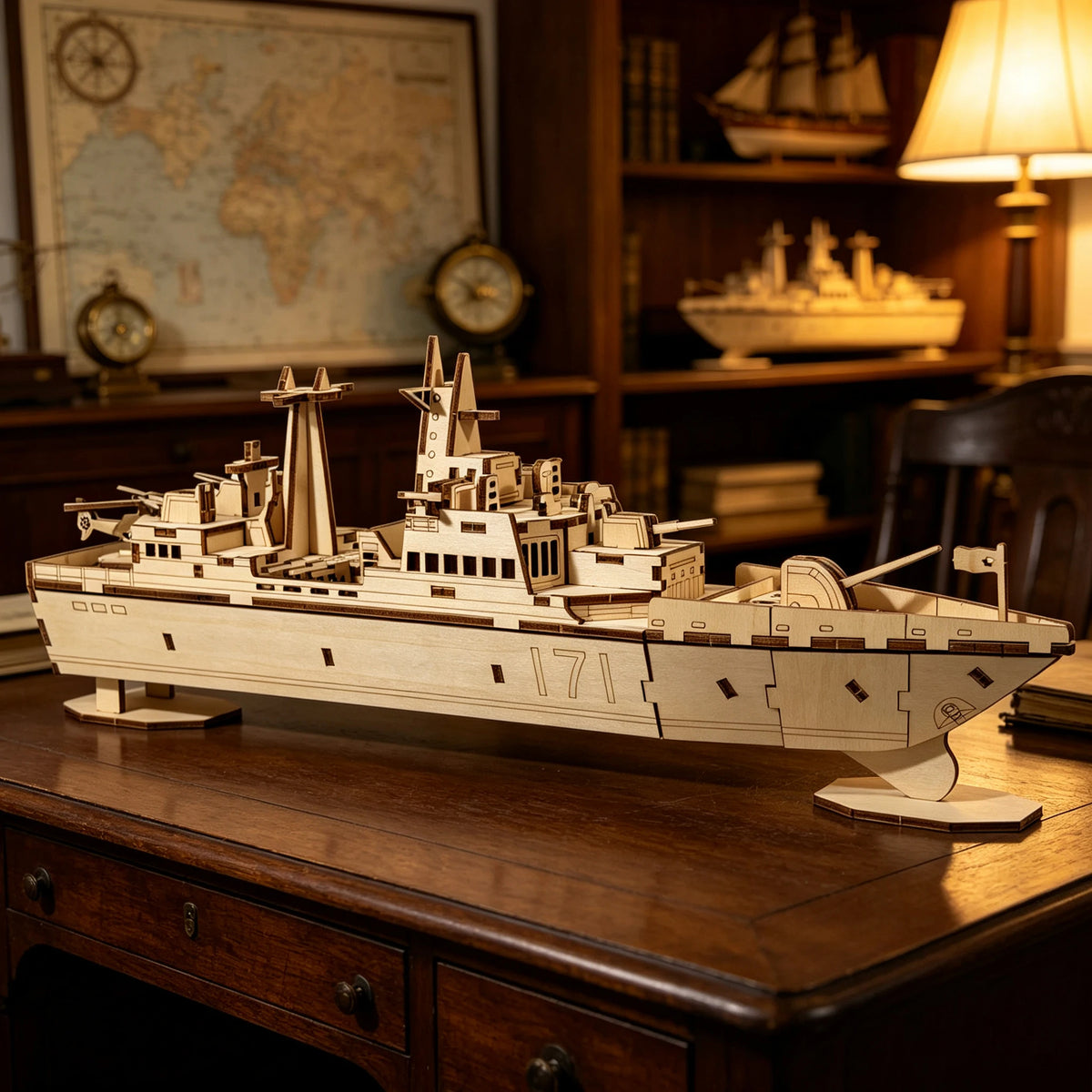 White wooden destroyer warship 3D puzzle model kit, three-quarter view with detailed deck parts