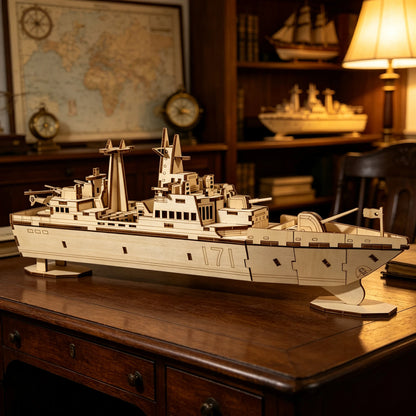 White wooden destroyer warship 3D puzzle model kit, three-quarter view with detailed deck parts