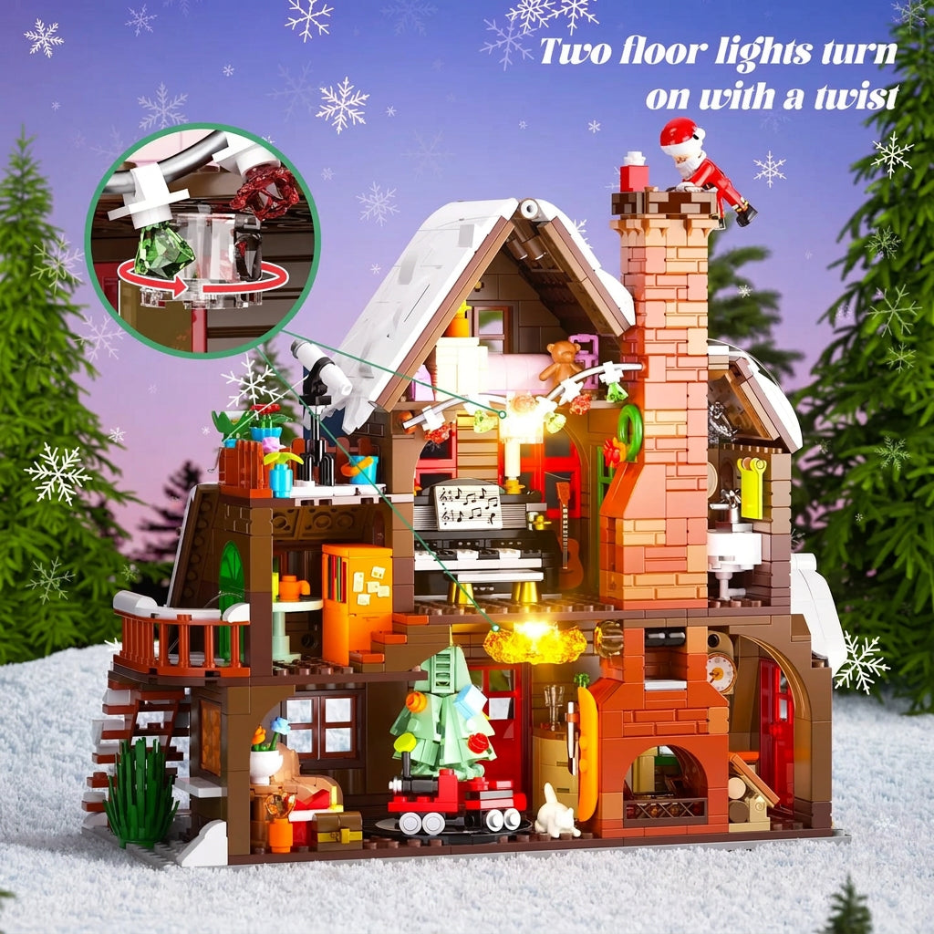 Christmas house building set with detailed interior, floor lights, and glowing elements