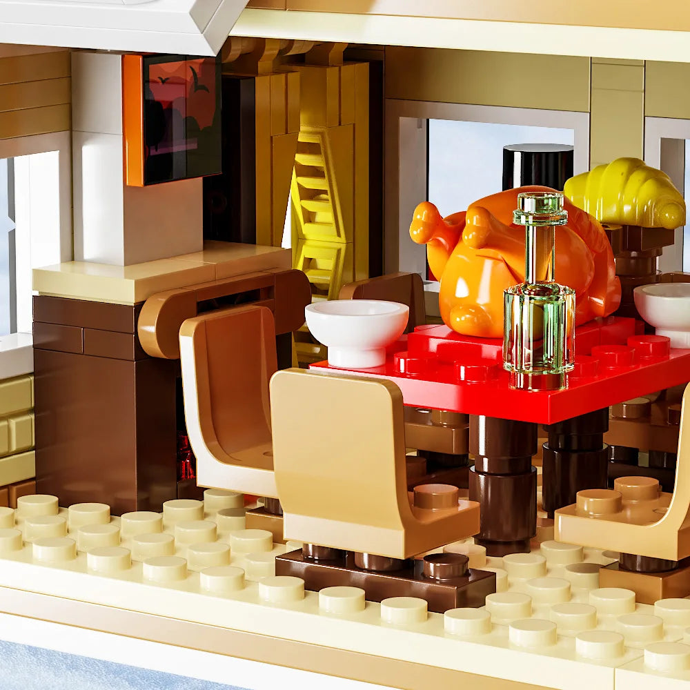 Winter cottage dining area interior with red table, orange accents, and chair pieces
