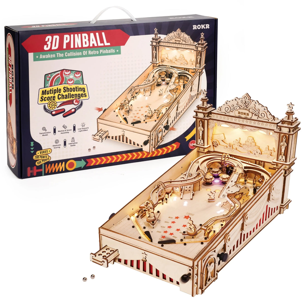 Wooden pinball machine 3D puzzle kit with tabletop playfield and pinballs