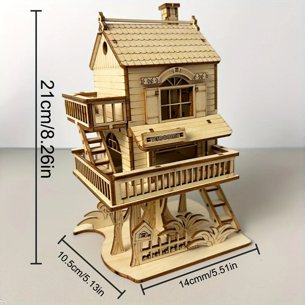 Wooden treehouse model with side ladder, marked size 21cm x 14cm