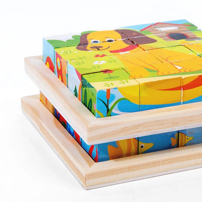 Wooden cube animal puzzle with large lion, giraffe, and jungle animal picture tiles