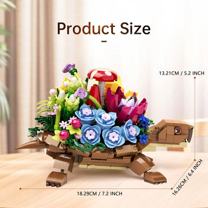 Floral turtle building set with red mushroom top, green and blue flower bricks
