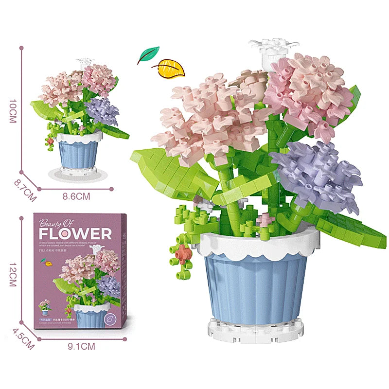 Pink and lavender flower pot building blocks with green leaves and a blue pot
