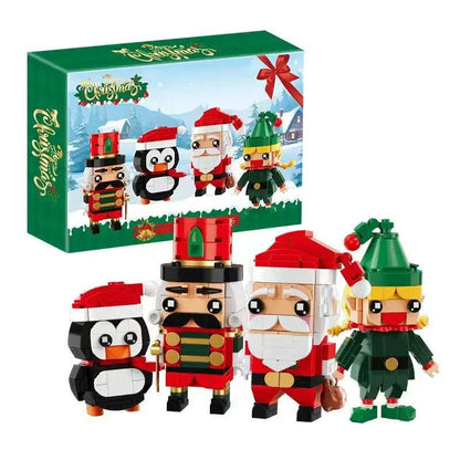 Christmas character building set box with Santa, nutcracker, penguin, and elf block figures